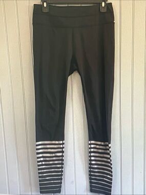 Athleta Black Leggings with Metallic Silver Striped Hem